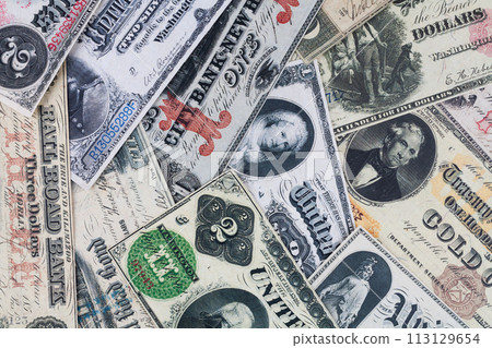 Old US dollar banknotes and silver certificates banknotes 113129654