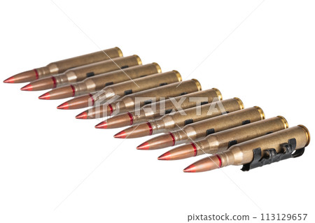 Ammunition belt with 12.7mm cartridges for heavy machine gun isolated on white. Ammunition belt with 12.7mm cartridges for heavy machine gun isolated on white. 113129657