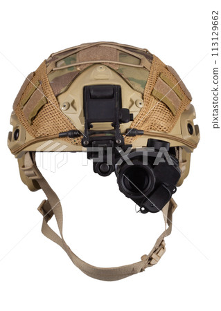 Night vision goggles on military helmet. Night vision goggles on military helmet. 113129662