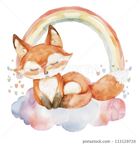 Sleeping fox in whimsical watercolor, pastel rainbow and botanical elements for serene nursery art 113129728