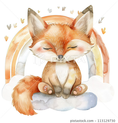 Sleeping fox in whimsical watercolor, pastel rainbow and botanical elements for serene nursery art Sleeping fox in whimsical watercolor, pastel rainbow and botanical elements for serene nursery art 113129730
