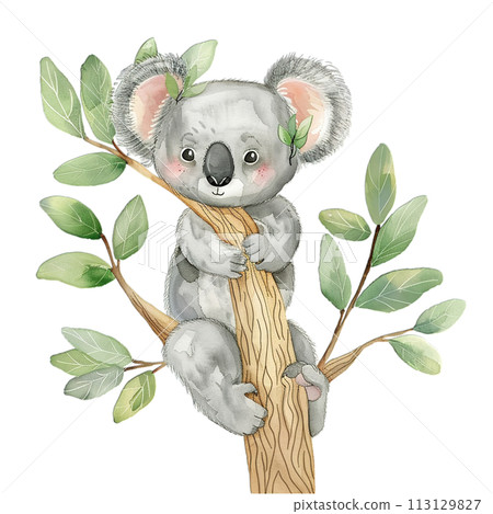 Adorable watercolor koala with a pastel rainbow, surrounded by whimsical botanicals for kids rooms 113129827