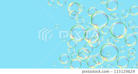 Transparent liquid forms water drops soap bubble. Shape refracts light. Blue background. Realistic volumetric drops. Banner and flyer design. Vector illustration. Transparent liquid forms water drops soap bubble. Shape refracts light. Blue background. Realistic volumetric drops. Banner and flyer design. Vector illustration. 113129829