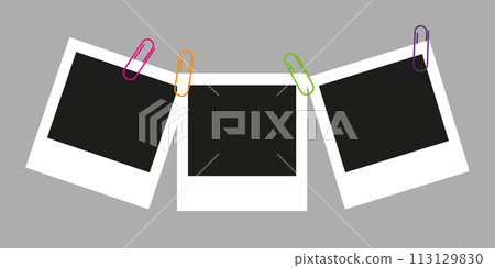 Polaroid camera frames photo mockup scrapbook on a gray wall. Colored paper clips. Black photo frame template. Vector illustration. 113129830