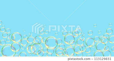 Transparent liquid forms water drops soap bubble. Rainbow shapes. Shape refracts light. Realistic volumetric bubble. Banner and flyer design. Vector illustration. Transparent liquid forms water drops soap bubble. Rainbow shapes. Shape refracts light. Realistic volumetric bubble. Banner and flyer design. Vector illustration. 113129831