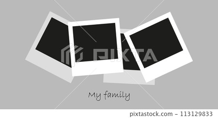 Photo camera frames photo mockup scrapbook on a gray wall. My family photo. Black photo frame template. Vector illustration. Photo camera frames photo mockup scrapbook on a gray wall. My family photo. Black photo frame template. Vector illustration. 113129833