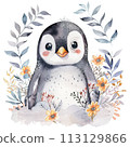 Cheerful watercolor penguin with pastel rainbow and spring floral decor for heartwarming nursery art 113129866