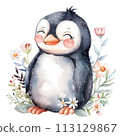 Cheerful watercolor penguin with pastel rainbow and spring floral decor for heartwarming nursery art 113129867