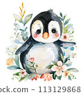 Cheerful watercolor penguin with pastel rainbow and spring floral decor for heartwarming nursery art 113129868