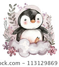 Cheerful watercolor penguin with pastel rainbow and spring floral decor for heartwarming nursery art 113129869