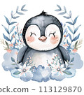 Cheerful watercolor penguin with pastel rainbow and spring floral decor for heartwarming nursery art 113129870