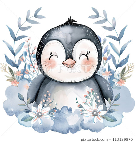 Cheerful watercolor penguin with pastel rainbow and spring floral decor for heartwarming nursery art Cheerful watercolor penguin with pastel rainbow and spring floral decor for heartwarming nursery art 113129870