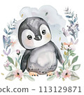 Cheerful watercolor penguin with pastel rainbow and spring floral decor for heartwarming nursery art 113129871