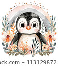 Cheerful watercolor penguin with pastel rainbow and spring floral decor for heartwarming nursery art 113129872