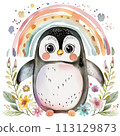 Cheerful watercolor penguin with pastel rainbow and spring floral decor for heartwarming nursery art 113129873