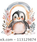 Cheerful watercolor penguin with pastel rainbow and spring floral decor for heartwarming nursery art 113129874