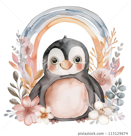Cheerful watercolor penguin with pastel rainbow and spring floral decor for heartwarming nursery art Cheerful watercolor penguin with pastel rainbow and spring floral decor for heartwarming nursery art 113129874