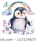 Cheerful watercolor penguin with pastel rainbow and spring floral decor for heartwarming nursery art 113129875