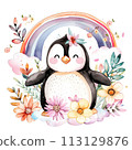 Cheerful watercolor penguin with pastel rainbow and spring floral decor for heartwarming nursery art 113129876