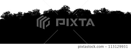 3D silhouette visualization of a coniferous forest panorama on a transparent background. Render map element for quick background 113129931