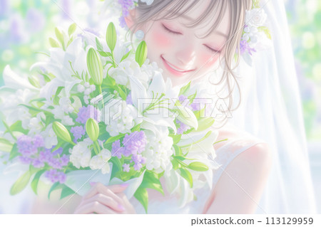 Happy moment of pure white bride smiling with white bouquet 113129959