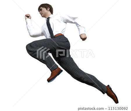 3D illustration of a running male businessman viewed from below at an angle, full body horizontal, isometric 3D illustration of a running male businessman viewed from below at an angle, full body horizontal, isometric 113130092