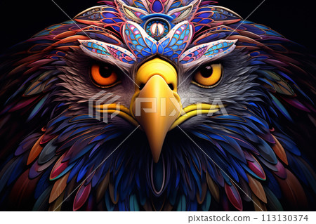 Close-up of a bald eagle head with a colorful, patterned mandala design on its crown Close-up of a bald eagle head with a colorful, patterned mandala design on its crown 113130374