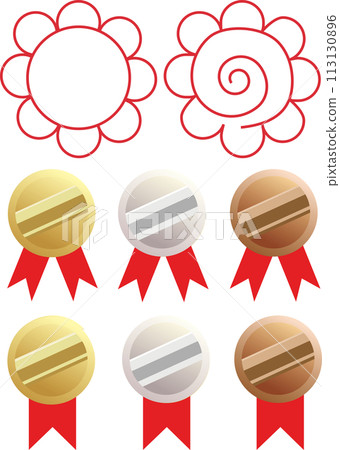 Gold, silver and bronze medals and flower circles Gold, silver and bronze medals and flower circles 113130896