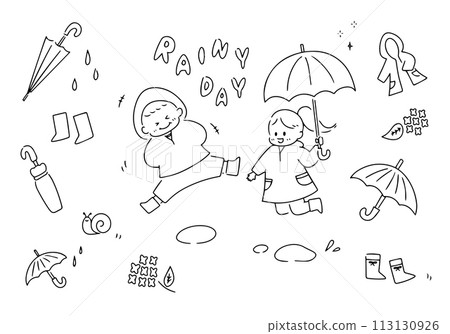 Line drawing set of children and rain gear Line drawing set of children and rain gear 113130926
