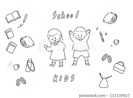Line drawing set of children and school supplies Line drawing set of children and school supplies 113130927
