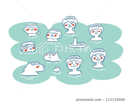 Illustration set of people and animals taking a bath Line drawing Illustration set of people and animals taking a bath Line drawing 113130980