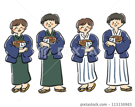 Full-body illustration set of men and women wearing yukata Hot spring Full-body illustration set of men and women wearing yukata Hot spring 113130983