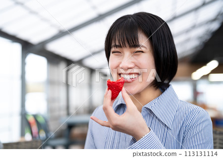 Young woman eating strawberries Young woman eating strawberries 113131114
