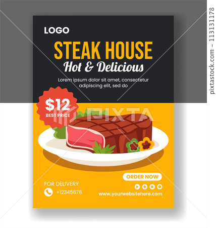 Steakhouse Vertical Poster Flat Cartoon Hand Drawn Templates Background Illustration Steakhouse Vertical Poster Flat Cartoon Hand Drawn Templates Background Illustration 113131178