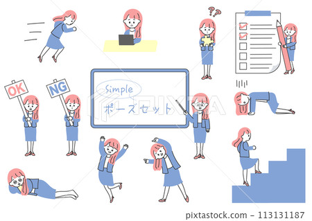 Illustration set of full body poses of a woman in a suit 113131187