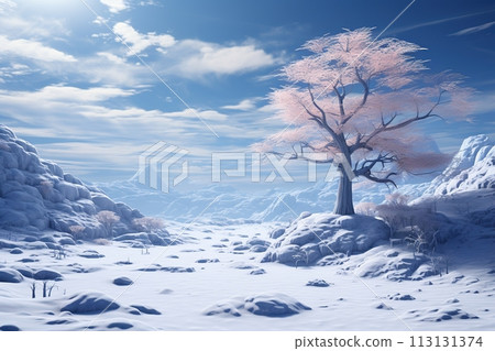 Lone Cherry Blossom Tree in a Snowy Mountainous Landscape. Generative AI 113131374