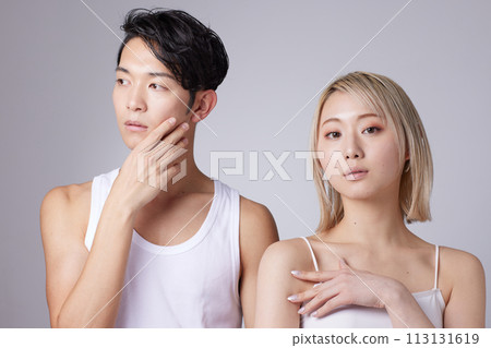 Portrait of two young men and women in beauty and skincare images Portrait of two young men and women in beauty and skincare images 113131619