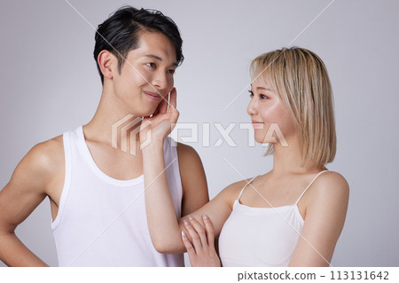 Portrait of two young men and women in beauty and skincare images 113131642