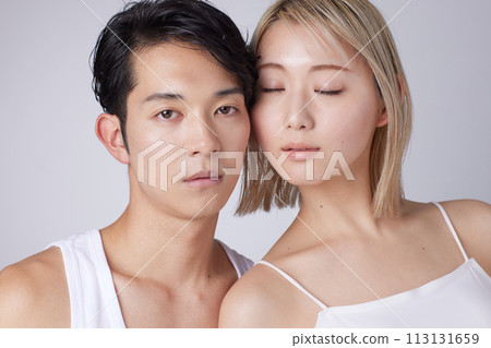 Portrait of two young men and women in beauty and skincare images 113131659