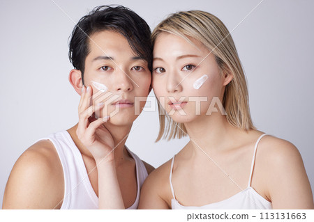 Portrait of two young men and women in beauty and skincare images 113131663