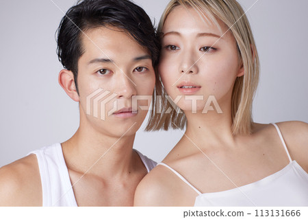 Portrait of two young men and women in beauty and skincare images 113131666