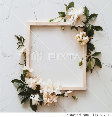 Wedding elegant flower frame on a light blue background. Generative AI 113131704