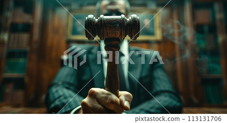 A lawyer in a suit is writing in a book 113131706