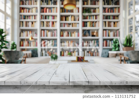 A white table with a wooden top and a white background 113131752