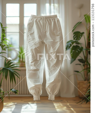 A pair of white pants is hanging in a room with a window and a potted plant 113131798