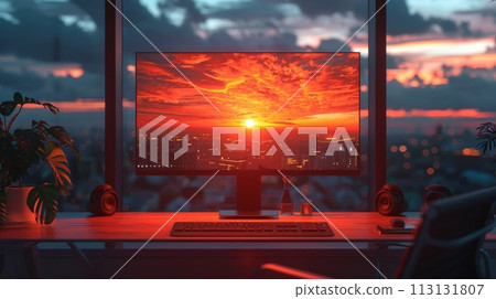 A computer monitor is on a desk with a city view in the background A computer monitor is on a desk with a city view in the background 113131807