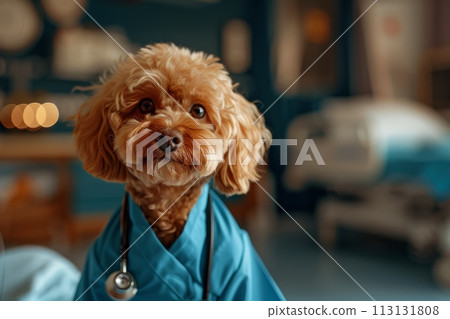 A small dog is wearing a blue doctor coat and a stethoscope 113131808