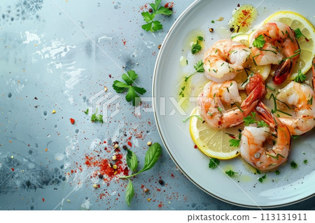 Grilled shrimp with lemon on a plate, seasoned with spices and herbs, ready to tantalize the palate. 113131911