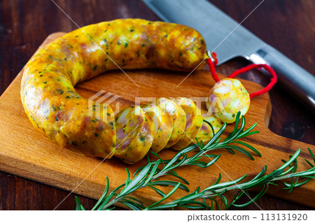 Pork sausage botifarra with egg yolks 113131920