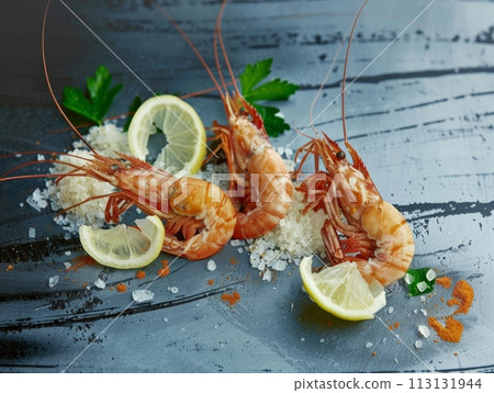 Whole langoustines with lemon and sea salt on distressed blue background, a fusion of rustic charm and gourmet seafood 113131944